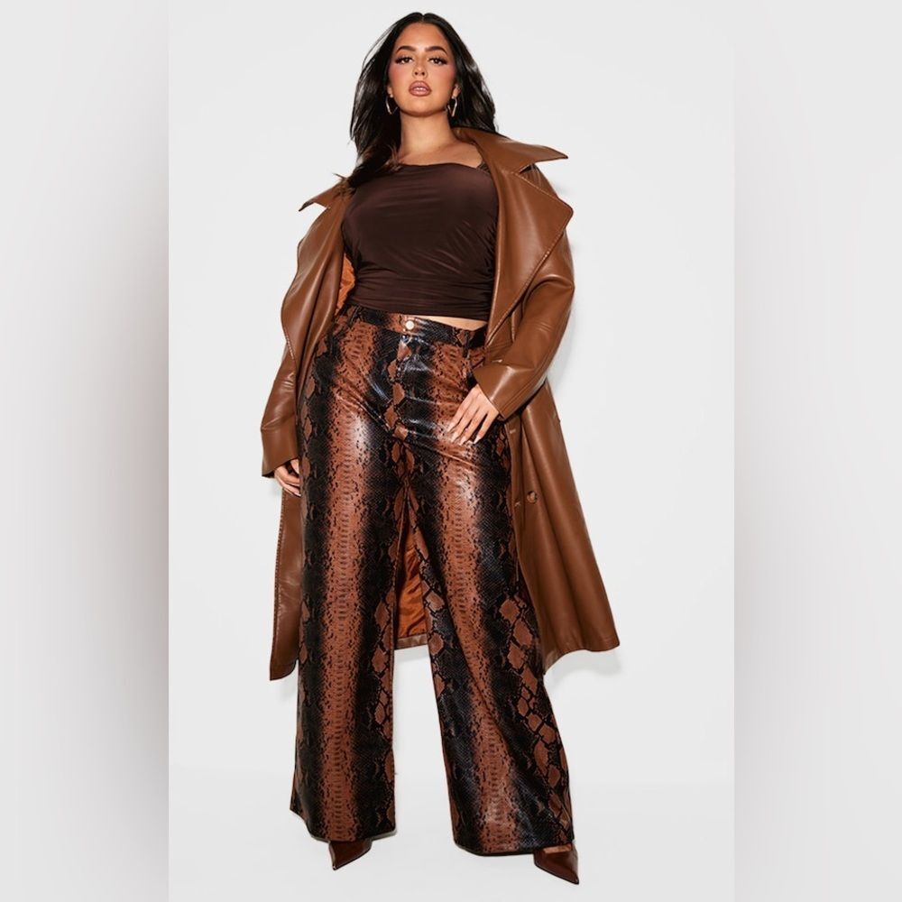 (T3) Pretty LittleThing Brown faux leather wide leg pants with snake print